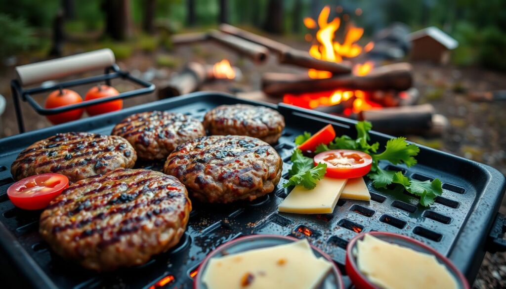 Camping Griddle Burger Preparation