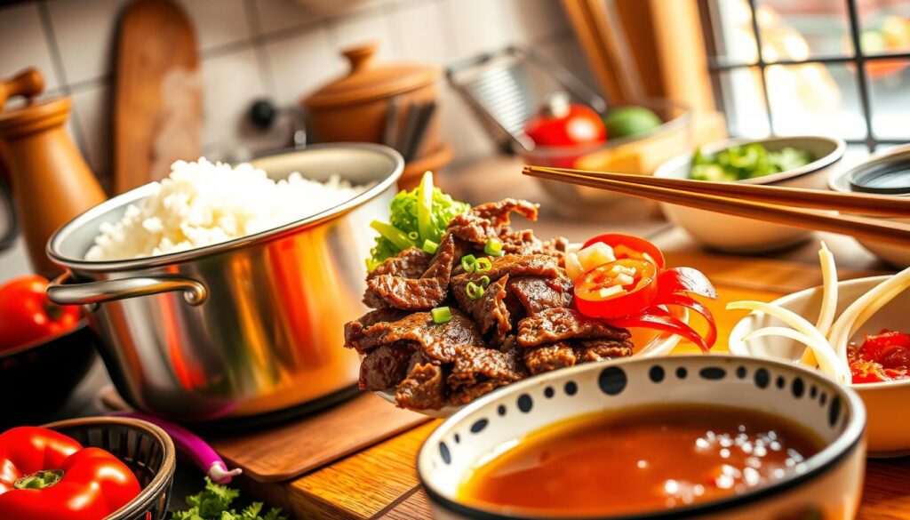 Japanese beef bowl rice preparation