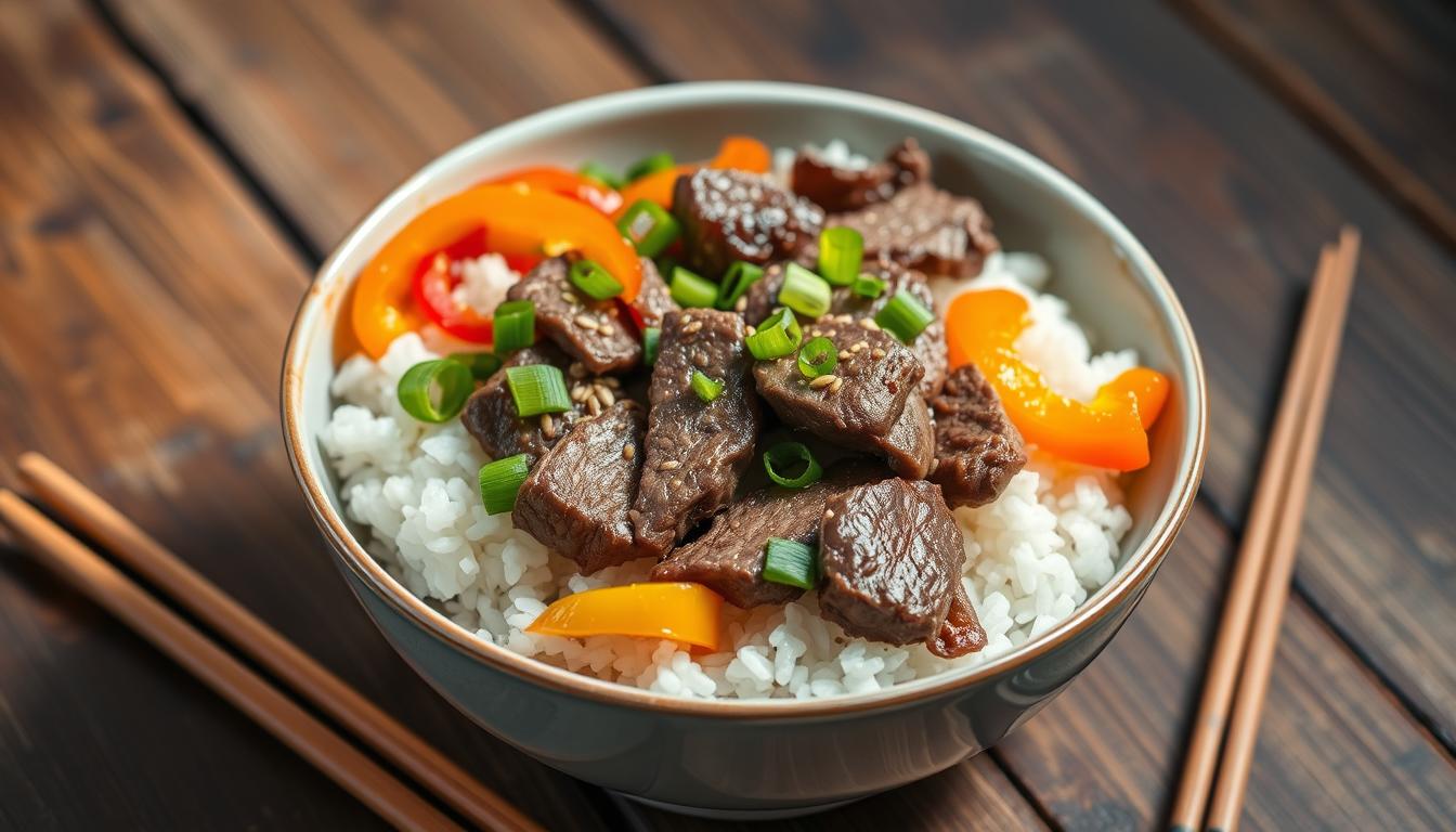 beef and pepper rice bowls