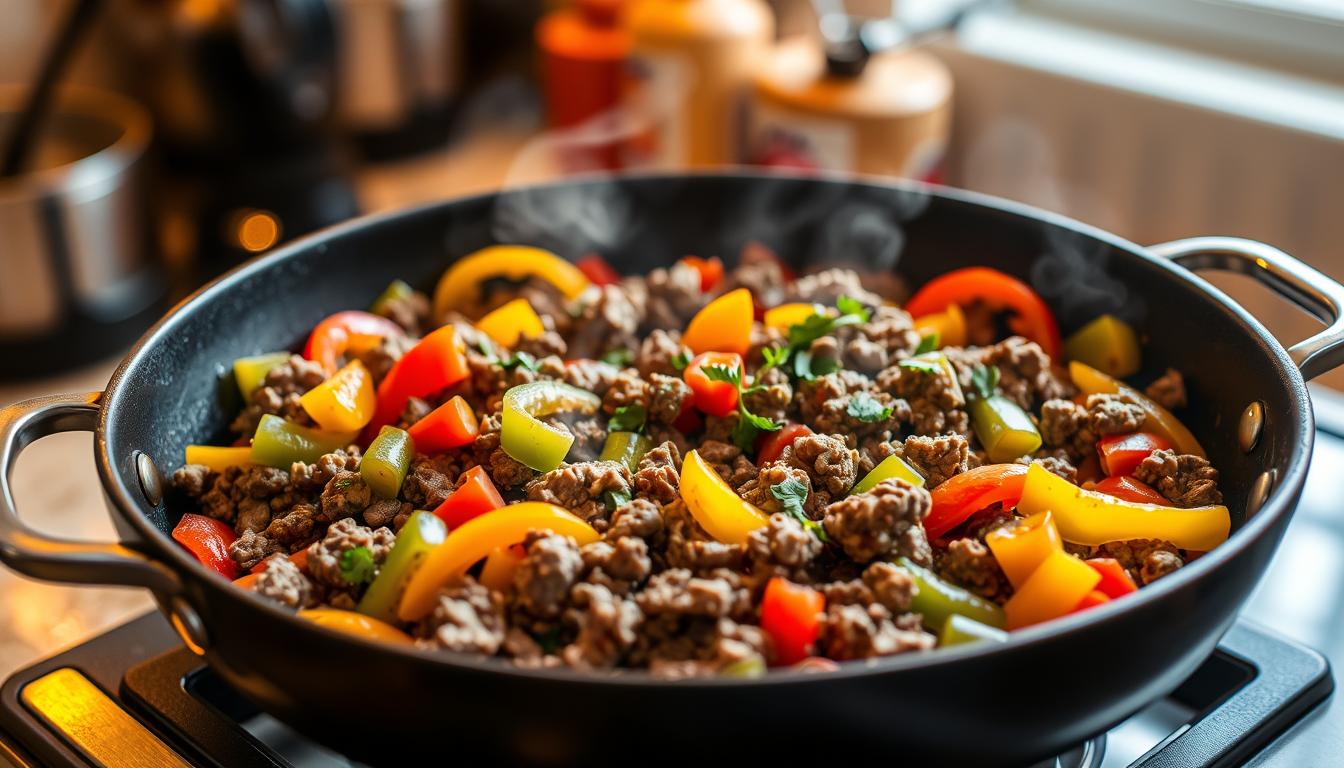 ground beef and bell peppers